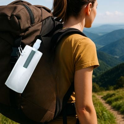 Femme gourde filtrante eau non potable fixée sac randonne