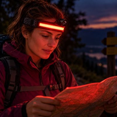 Femme lit carte avec puissante lampe frontale COB rouge