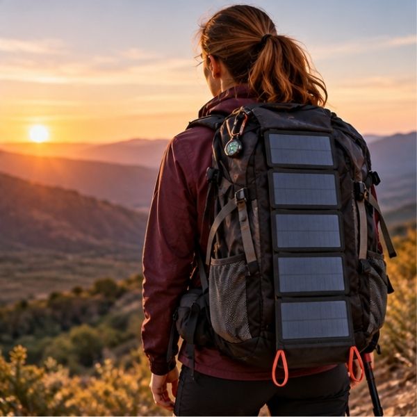 Femme marche chargeur solaire randonnée fixé sur sac