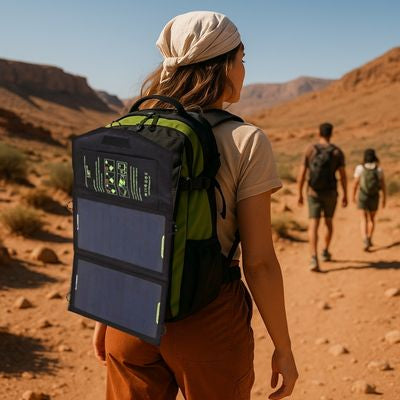 Femme marche sentier avec panneau solaire portable sur sac