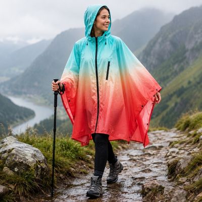 Femme marche sentier montagne cape pluie temps gris