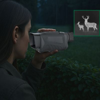 Femme observe cervidés monoculaire vision nocturne nuit