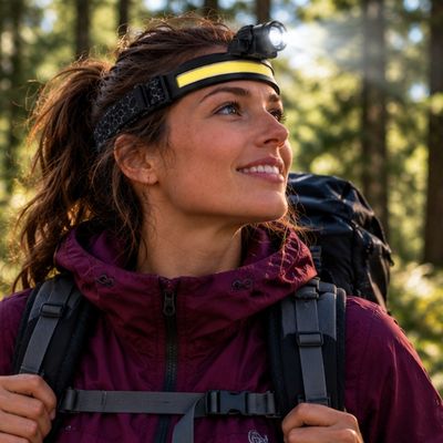Femme observe oiseau avec puissante lampe frontale