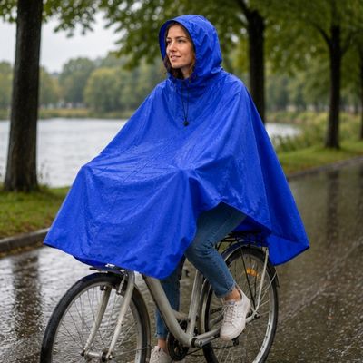 Femme poncho pluie velo roule allée parc