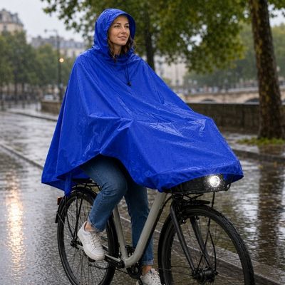 Femme poncho pluie velo roule piste cyclable