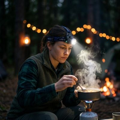 Femme prépare repas bivouac avec lampe frontale LED