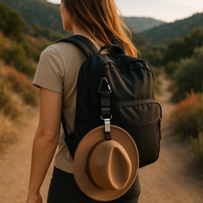 Femme randonne avec mousqueton bretelle transportant chapeau