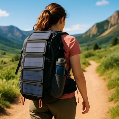 Femme randonne chargeur solaire randonnée sur sac à dos