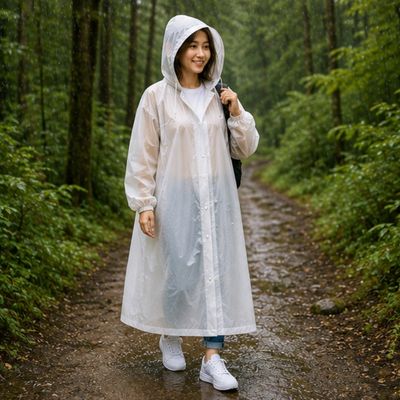 Femme randonne chemin forestier cape de pluie femme