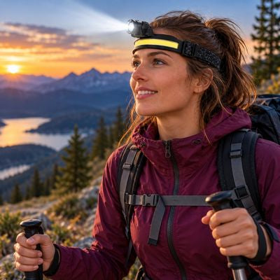 Femme randonne crêtes avec puissante lampe frontale