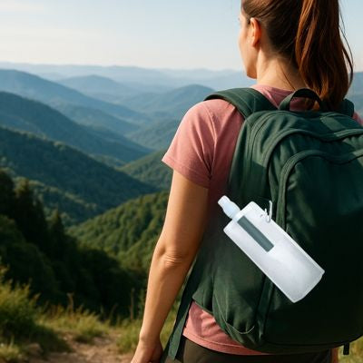 Femme randonne gourde filtrante eau non potable accrochée sac