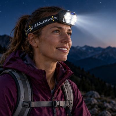 Femme randonne montagne avec lampe frontale trail