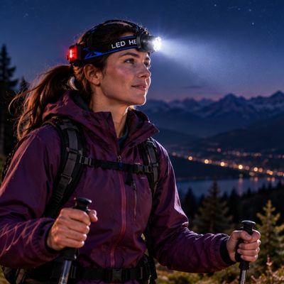 Femme randonne soir avec lampe frontale LED