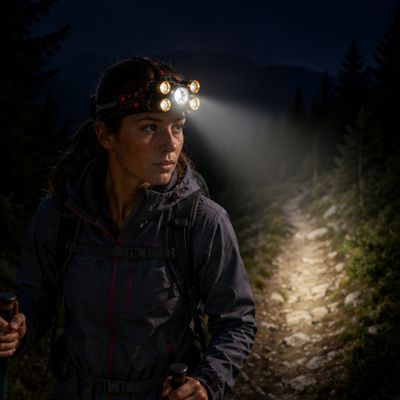 Femme randonnée nuit sentier GR lampe frontale puissante