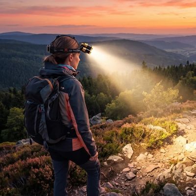 Femme randonnée soir crêtes lampe frontale puissante
