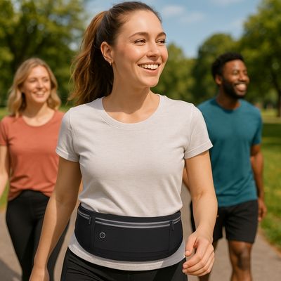 Femme sac banane sur ventre fait balade entre amis