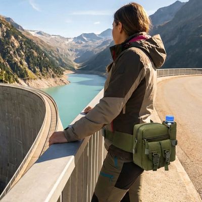 Femme sacoche ceinture hanche admire paysage barrage