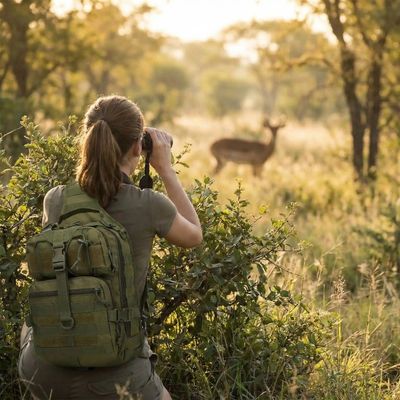 Femme sacoche tactique lisière forêt épie biche