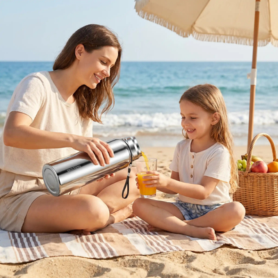 Femme sert jus fruit plage fille gourde isotherme 1l