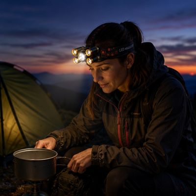 Femme soir bivouac prépare repas lampe frontale puissante