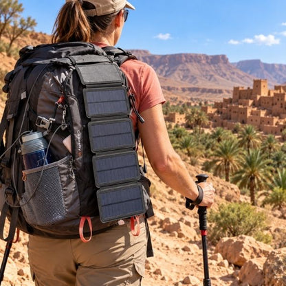 Femme trek Maroc chargeur solaire randonnée fixé sur sac