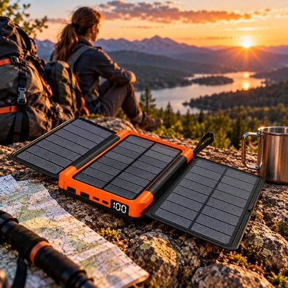 Femme utilise derniers rayons soleil pour charger batterie externe 20000mah