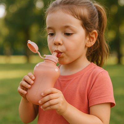Fille boit mélange fruits dans gourde réutilisable pour compote
