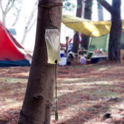 Filtre à eau par gravité fixé tronc arbre