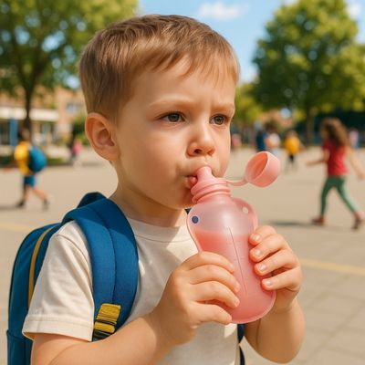 Garçon boit mélange fruits dans gourde réutilisable pour compote
