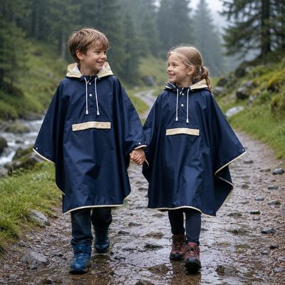 Garçon er fillette couverts poncho pluie enfant main dans main