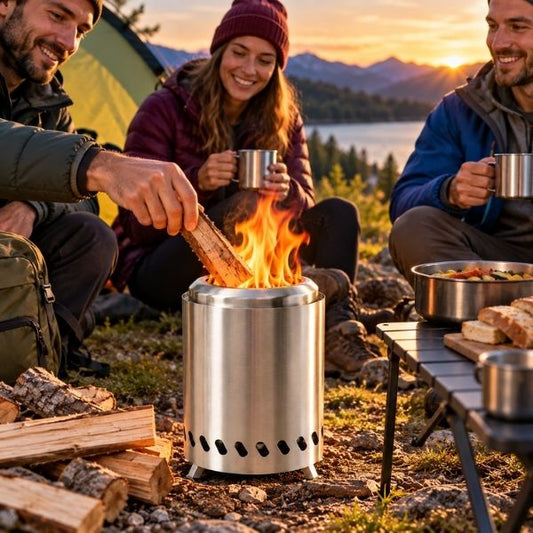 Groupe amis boivent café côté réchaud à bois portable