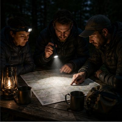 Groupe autour table regarde carte avec lampe torche rechargeable