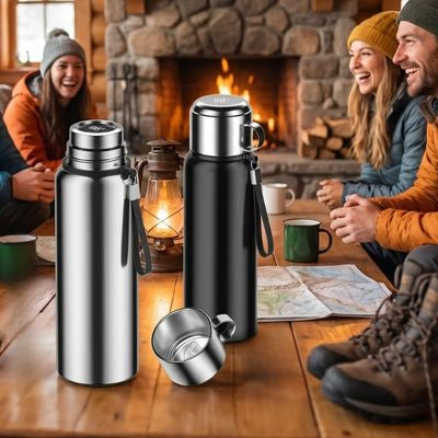 Groupe dans refuge avec gourde isotherme 1l posée table