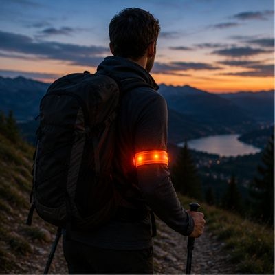 Homme admire couché soleil derrière montagnes avec brassard lumineux LED