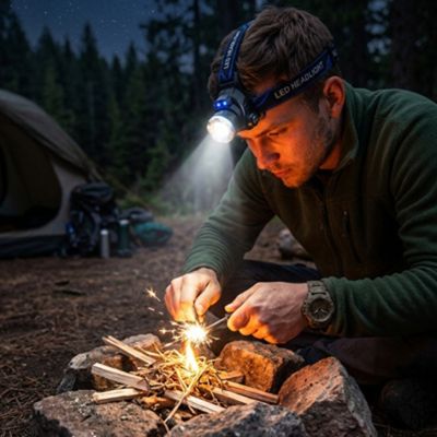 Homme allume feu bivouac avec lampe frontale LED