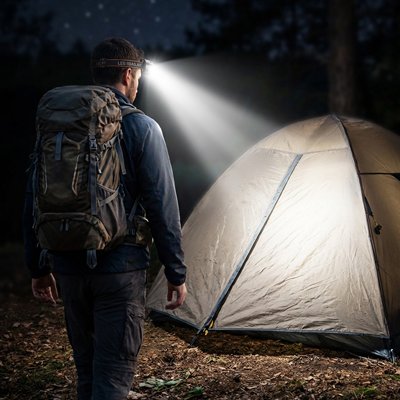 Homme arrive soir avec lampes frontale tente bivouac