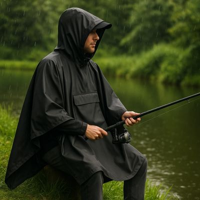 Homme assis avec poncho pluie pêche bord rivière