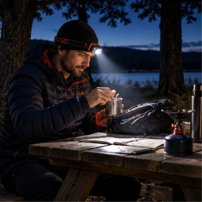 Homme assis table pique-nique avec lampe frontale rechargeable