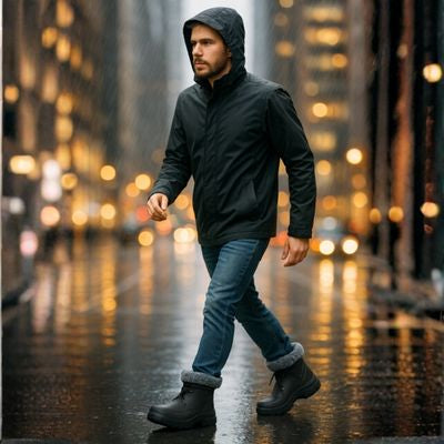 Homme avec bottes homme traverse rue