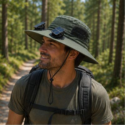 Homme avec chapeau randonnée solaire sentier forêt pins