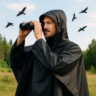 Homme avec jumelles observe oiseaux avec poncho de pluie