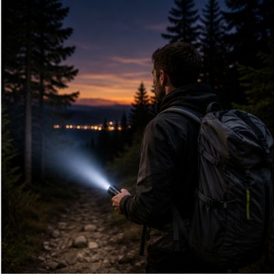 Homme avec lampe de poche rechargeable Beam en randonnée