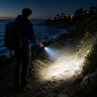 Homme balade nuit long littoral avec lampe torche rechargeable