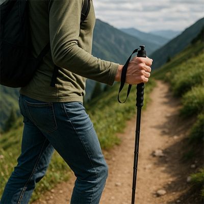 Homme baton randonnée en main chemin crêtes vosgiennes