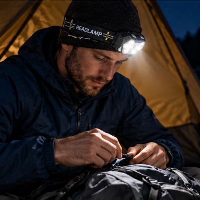 Homme bivouac avec lampe frontale trail