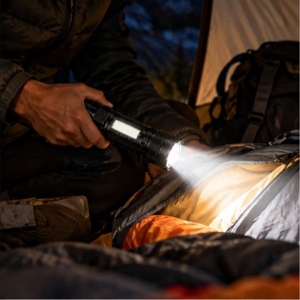 Homme bivouac cherche affaires avec lampe torche rechargeable puissante