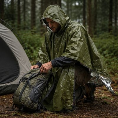 Homme bivouac couvert poncho de survie ouvre sac