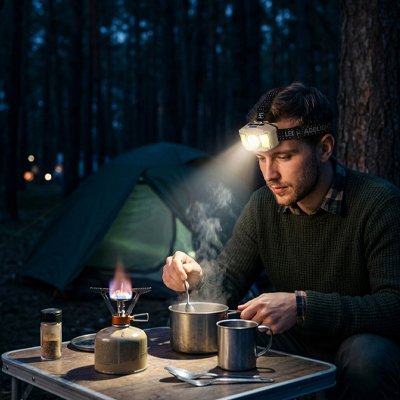 Homme bivouac dîne grâce lampe frontale led rechargeable