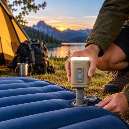 Homme bivouac gonfle son matelas avec gonfleur matelas