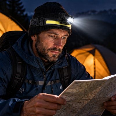 Homme bivouac regarde carte avec puissante lampe frontale
